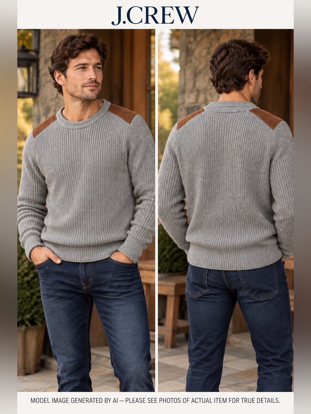 J.Crew Men’s Chunky Ribbed Knit Crewneck Sweater Suede Shoulder Patch Preppy